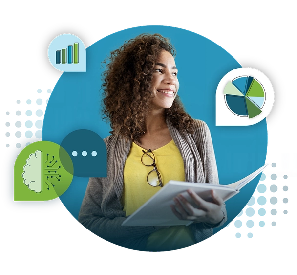 woman holding a book with graphics of charts and graphs surrounding her