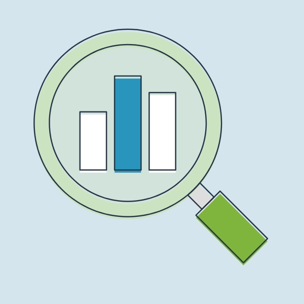 a magnifying glass centered over a line graph