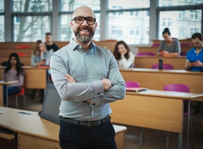 Man standing in classroom with students at desks smiling.