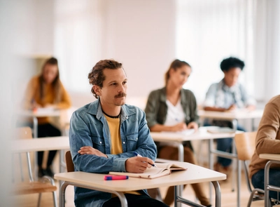 Male student seated at desks in classroom with other students on the background.