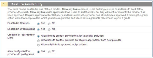 An image of feature availability in the blackboard integration setup