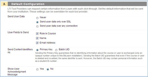 An image of default configuration in the blackboard integration setup