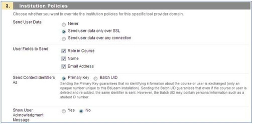 An image of institution policies in the blackboard integration setup