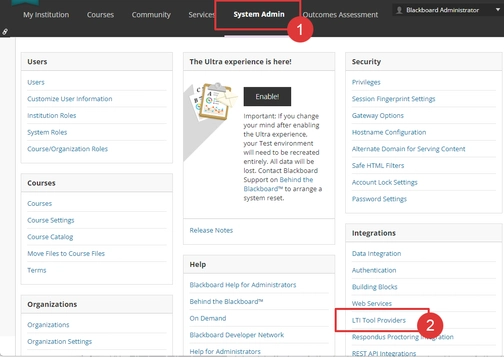 An image of system admin in the blackboard integration setup