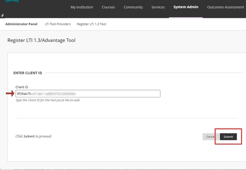 An image of enter client ID in the blackboard integration setup