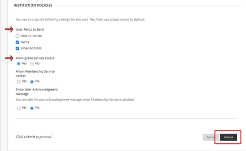 An image of institution policies in the blackboard integration setup