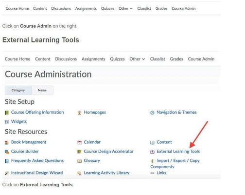 An image of external learning tools in brigtspace-D2L integration setup