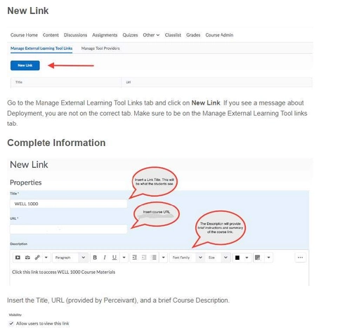 An image of create new link in brigtspace-D2L integration setup