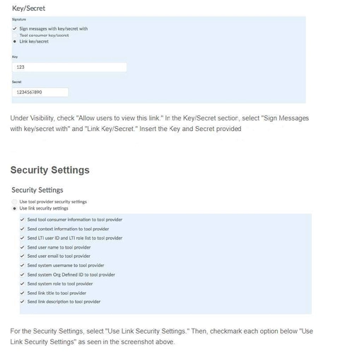 An image of security settings in brigtspace-D2L integration setup