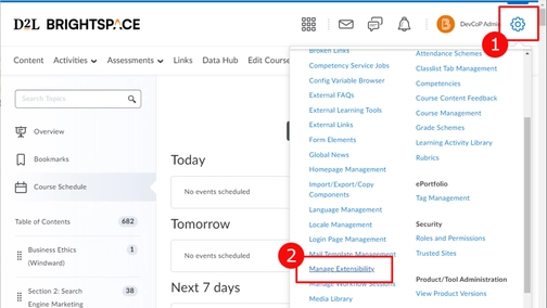 An image of manage extension in brigtspace-D2L integration setup