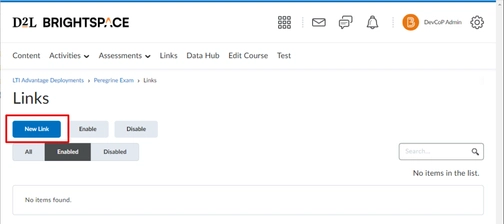 An image of new link creation in brigtspace-D2L integration setup