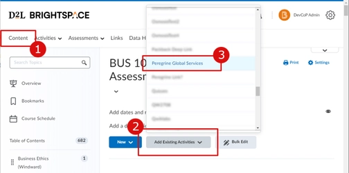 An image of add existing activities in brigtspace-D2L integration setup