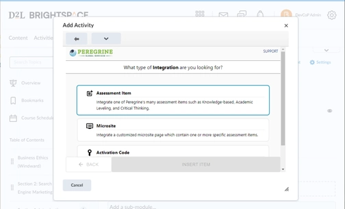 An image of activity setup in brigtspace-D2L integration setup