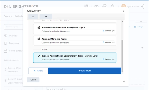 An image of add activity in brigtspace-D2L integration setup