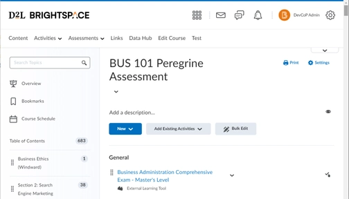 An image of assessment general setup in brigtspace-D2L integration setup