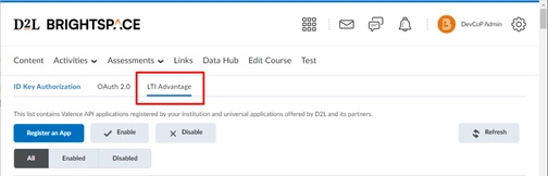 An image of LTI advantage in brigtspace-D2L integration setup