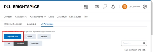 An image of how to register a tool in brigtspace-D2L integration setup
