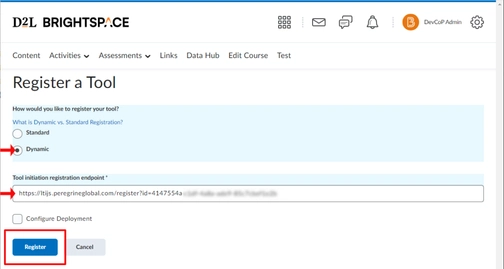 An image of register a tool in brigtspace-D2L integration setup