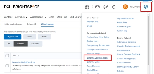 An image of how to get to external learning tools in brigtspace-D2L integration setup