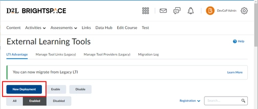 An image of external learning tools in brigtspace-D2L integration setup