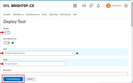 An image of deploy tool in brigtspace-D2L integration setup