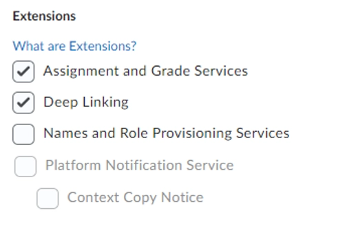 An image of extensions in brigtspace-D2L integration setup