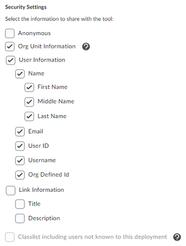 An image of security settings in brigtspace-D2L integration setup