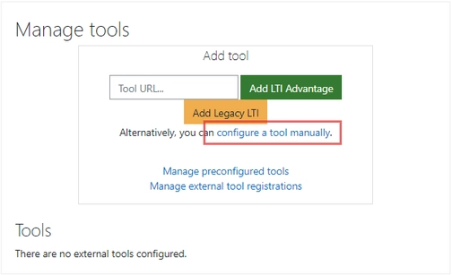 An image of manage tools in Moodle integration setup