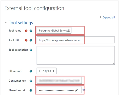 An image of external tool configuration in Moodle integration setup