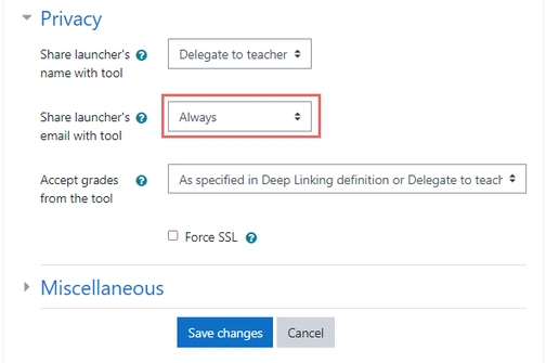 An image of privacy settings in Moodle integration setup
