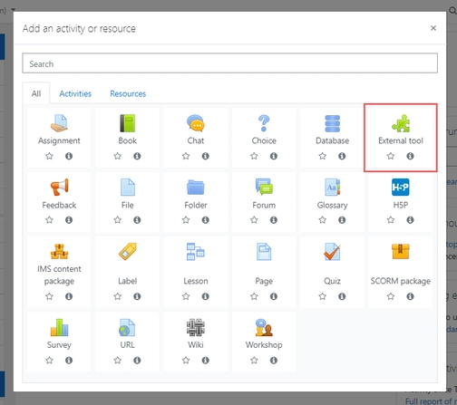 An image of add an activity or resource in Moodle integration setup
