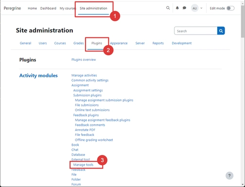 An image of site administration in the moodle integration setup