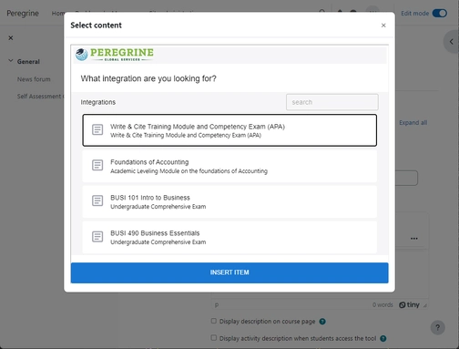 An image of select integration in the moodle integration setup