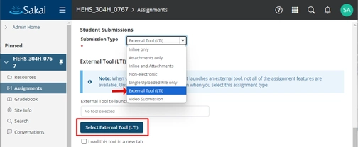 An image of select external tool in sakai integration setup