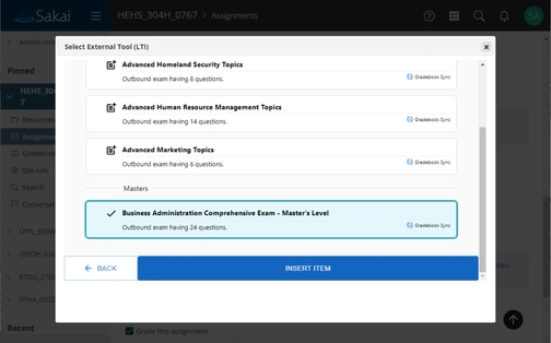 An image of select external tool option in sakai integration setup