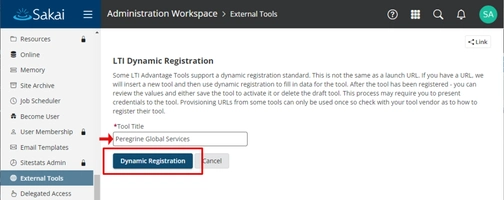 An image of dynamic registration in sakai integration setup