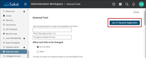 An image of external tools in sakai integration setup