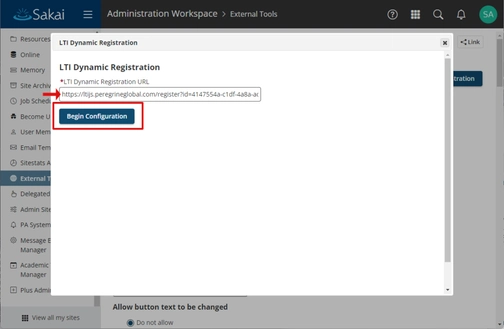 An image of dynamic registration in sakai integration setup