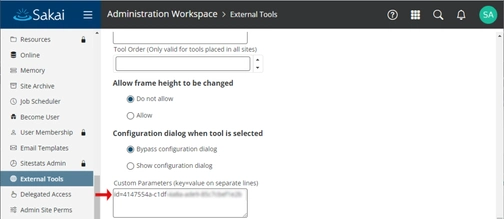 An image of external tools settings in sakai integration setup
