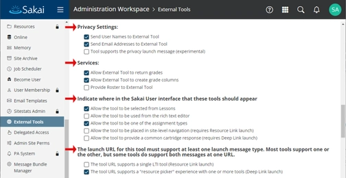 An image of privacy settings in sakai integration setup