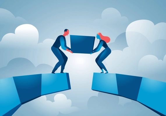 A graphic of two people connecting a bridge.
