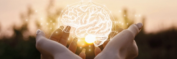 Hands opening up and holding a graphic of a brain.