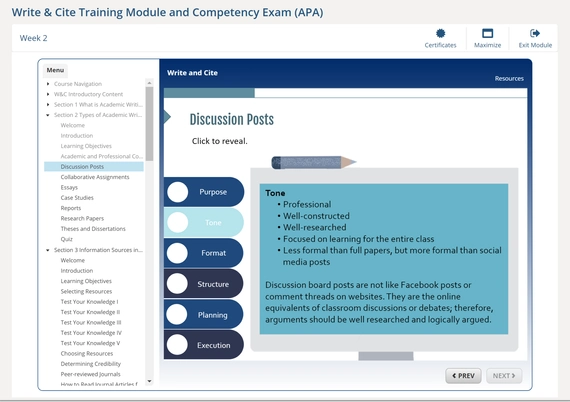 Image of the Write and Cite Module. The left side of the screen is the table of contents with the discussion posts tab selected and the corresponding page displaying on the right side of the screen.